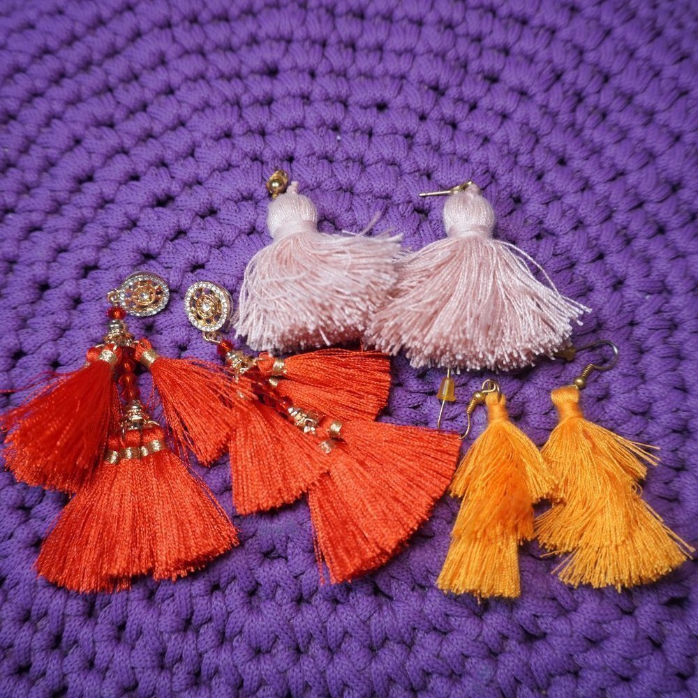 Bundle (3) Womens Red Yellow And Pink Hook Tassle Dangle Earrings
